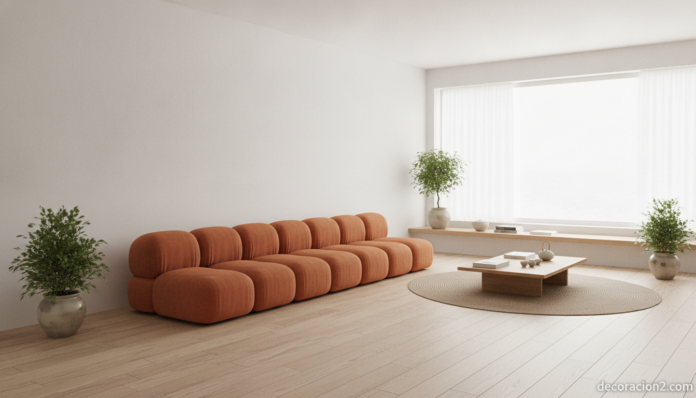 Sofá de diseño original con forma alargada en un salón moderno y luminoso