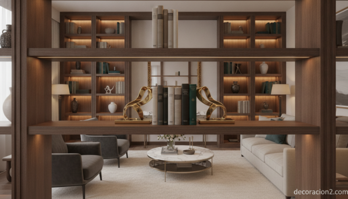 Sujetalibros de lujo decorando una estantería elegante en el salón
