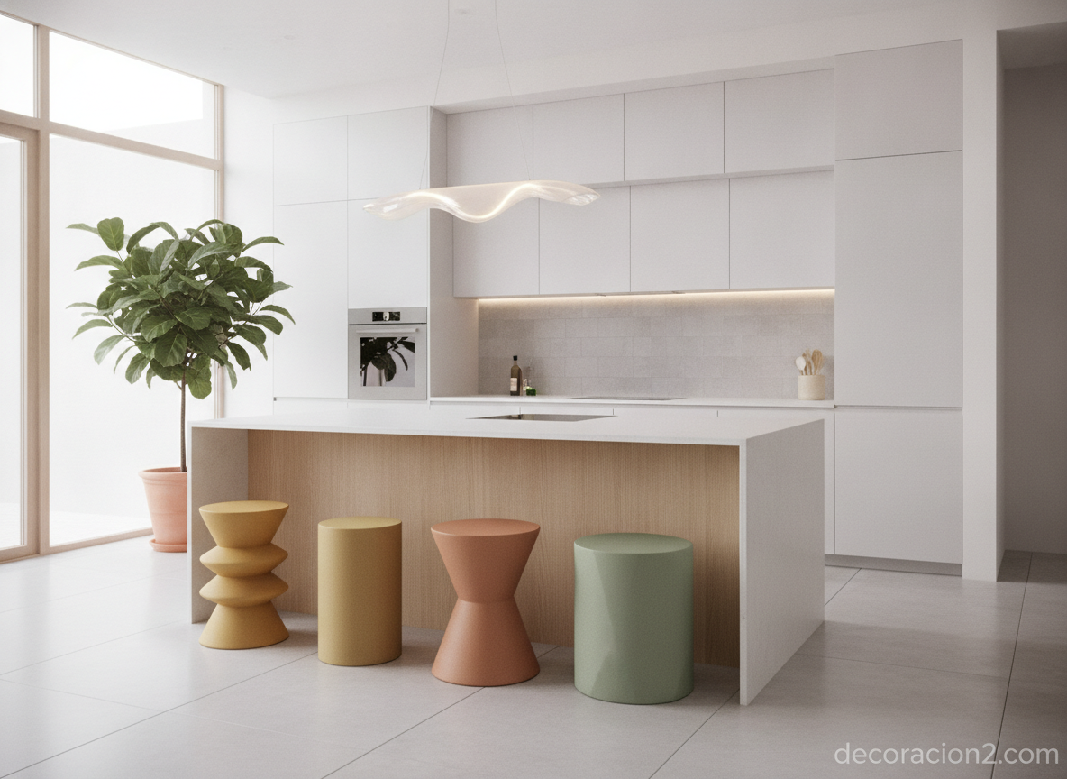 Taburetes ecológicos apilables de colores en una cocina moderna