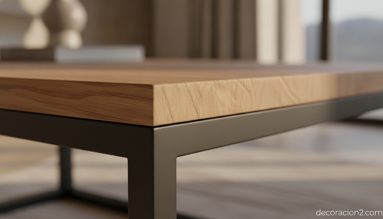 Detalle de mueble de madera natural con estructura metálica de líneas redondeadas