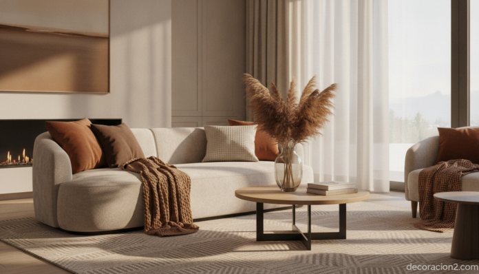 Salón decorado con tendencias de otoño en tonos neutros y madera natural