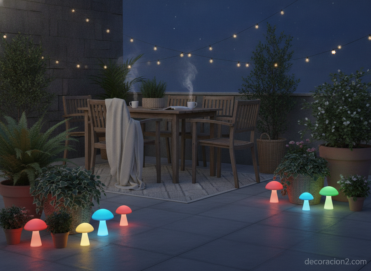 Champiñones que iluminan el jardín: lámparas LED solares para tu exterior 2 Terraza decorada con varias lámparas champiñón LED entre macetas por la noche