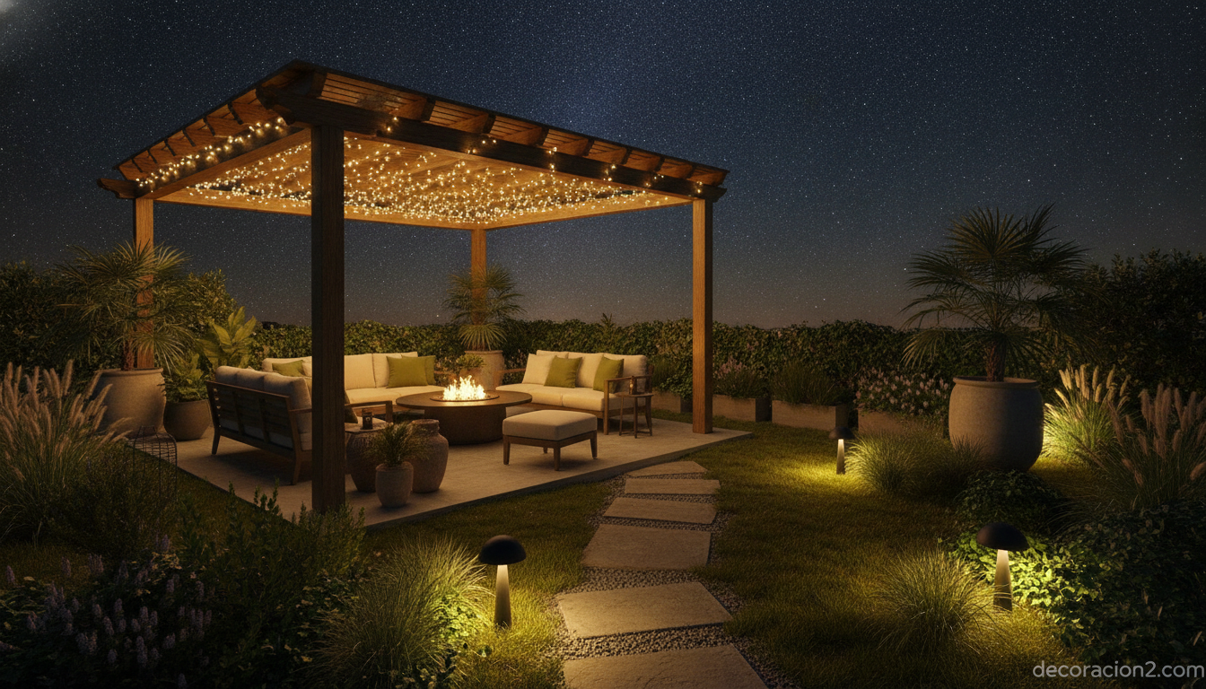 Terraza iluminada de noche con luces colgantes en una pérgola y luz de ambiente por capas