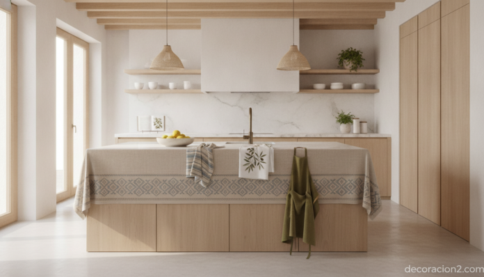 Cocina de diseño moderna con textiles de cocina elegantes sobre la encimera