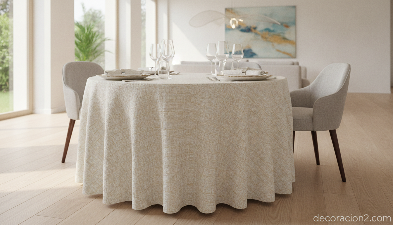 Mesa puesta con mantel de diseño y servilletas a juego en un comedor luminoso