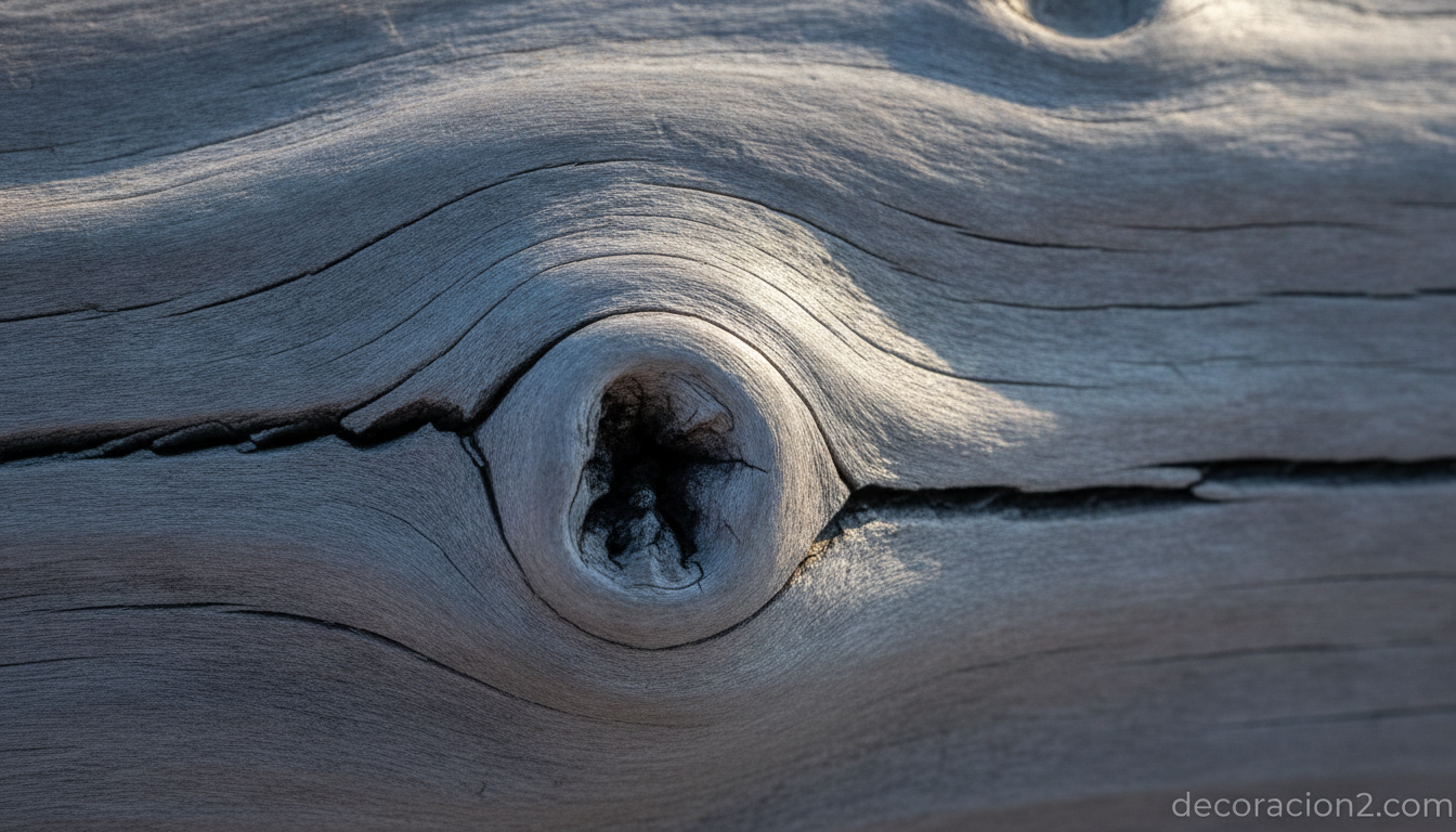 Detalle de la textura grisácea y pulida de un tronco de madera de deriva