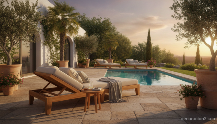 Tumbona de exterior de madera en un jardín con piscina al atardecer