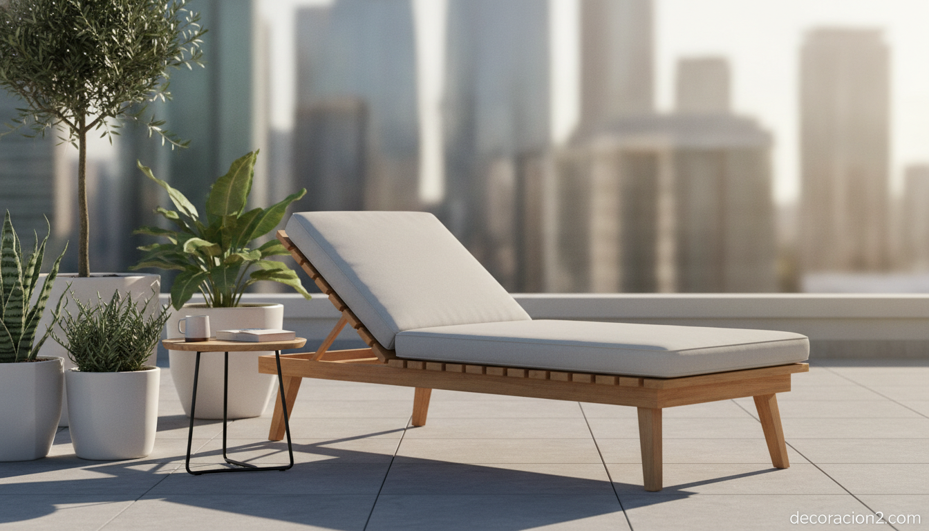 Tumbona de madera reclinable con cojín en una terraza urbana moderna
