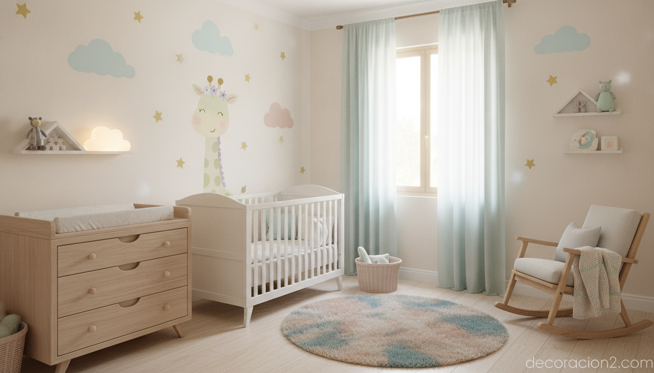 Dormitorio infantil decorado con vinilos de nubes y estrellas en tonos pastel