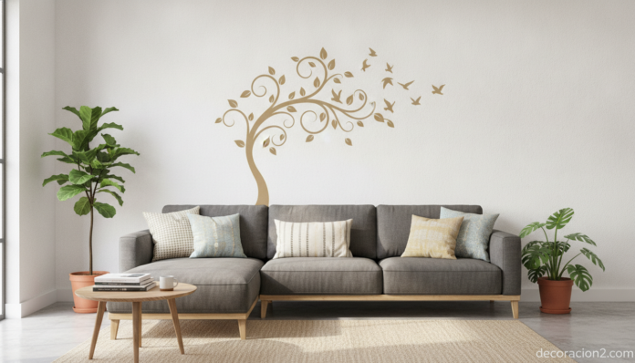 Salón moderno decorado con vinilos decorativos para pared con motivo de árbol