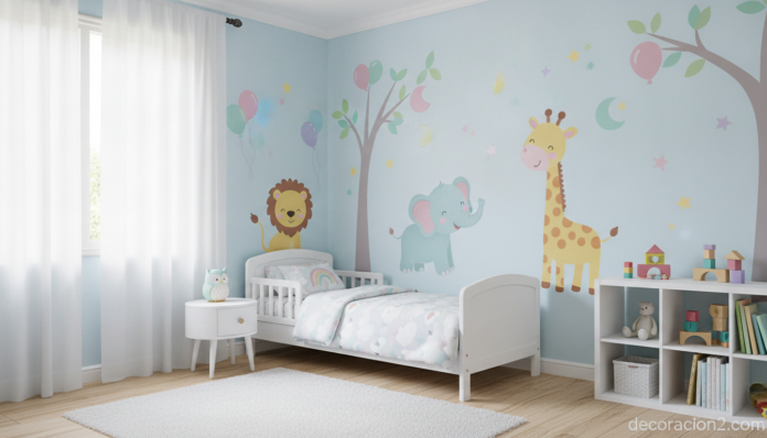 Habitación infantil decorada con vinilos infantiles de colores