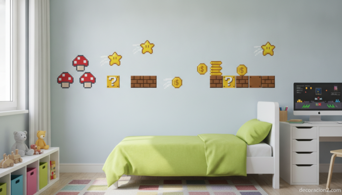 Habitación infantil decorada con vinilos retro de videojuegos en la pared