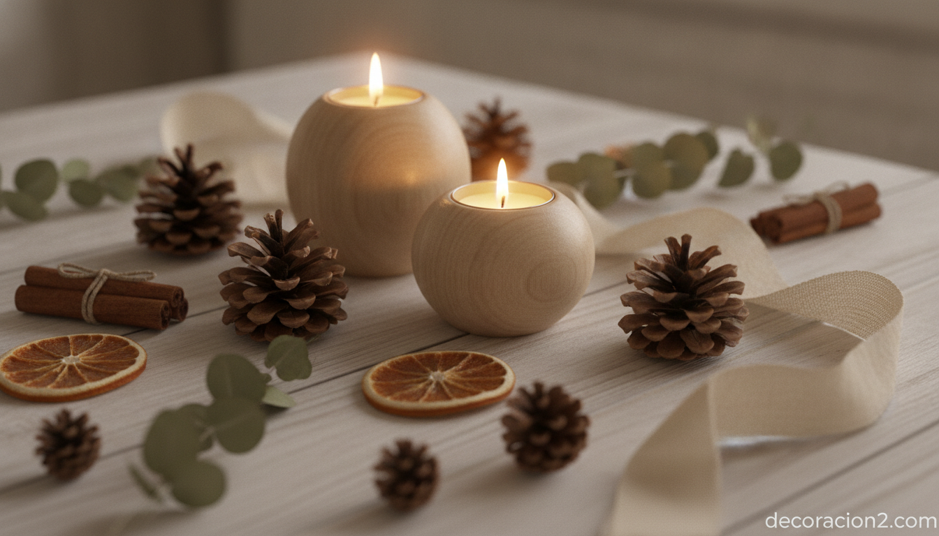 Detalle de adornos navideños naturales de madera, piñas y velas en estilo nórdico