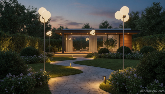 Luminaria de exterior Trébol iluminando un jardín moderno al atardecer