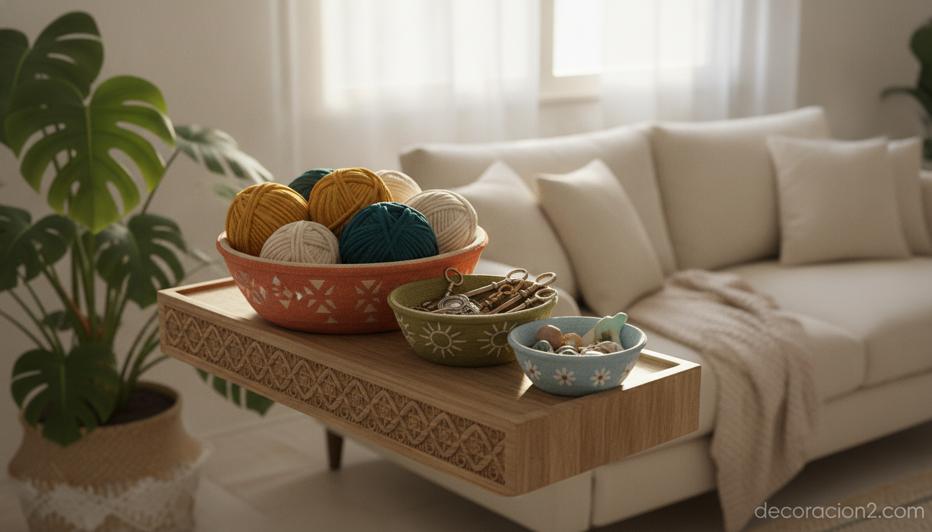 Fruteros de tela reutilizados como cestos organizadores en una estantería de estilo boho