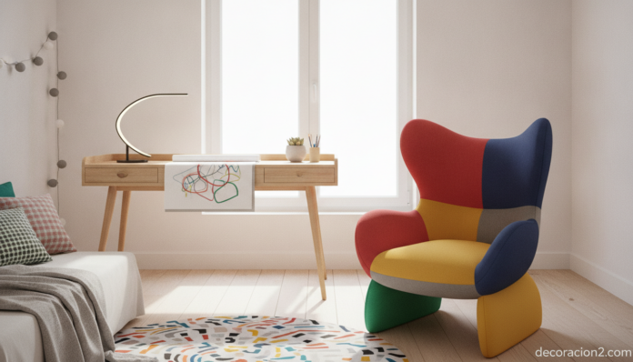 A bright, cheerful modern teenager's bedroom with a colorful contemporary Italian design chair as the focal point next to ... Silla Hero de Calligaris en un dormitorio juvenil luminoso y decorado con color