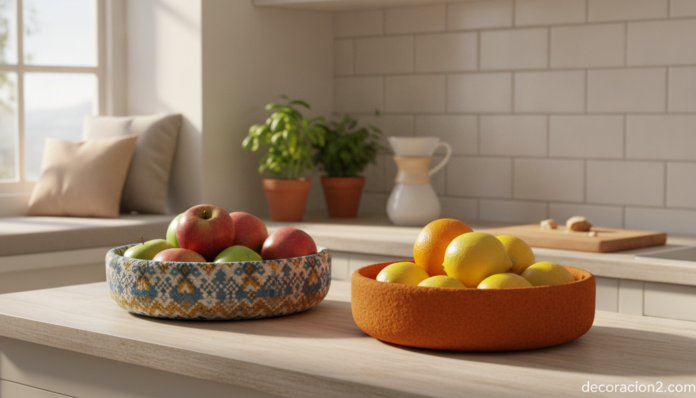 Fruteros de tela de fieltro con fruta fresca sobre la encimera de una cocina nórdica
