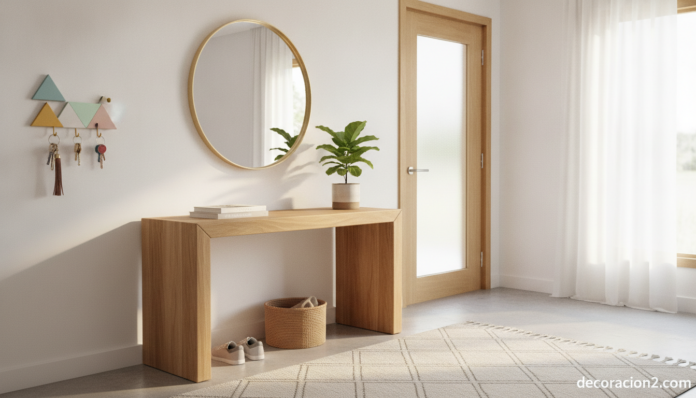 A bright, modern home entryway with a colorful wall-mounted key holder near the front door, several sets of keys hanging o... Soporte para llaves de colores en la entrada de una casa moderna