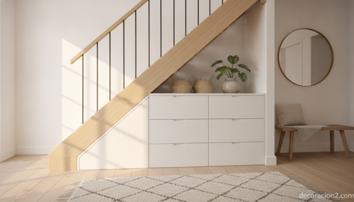 Cajonera bajo la escalera integrada en un recibidor moderno