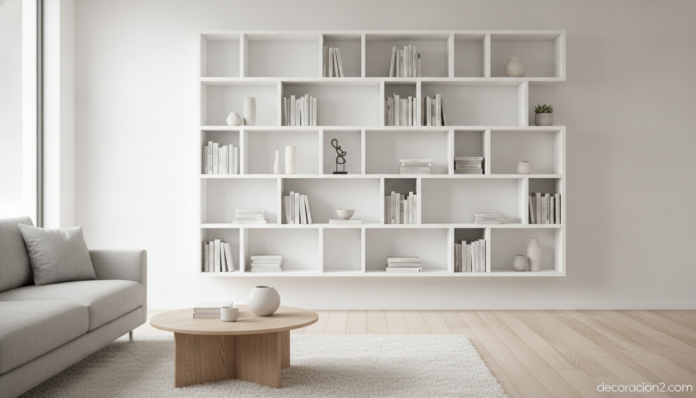 A bright modern living room with a white modular shelving unit mounted on the wall, Scandinavian minimalist style, soft na... Estantería modular blanca en un salón nórdico moderno
