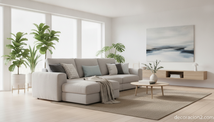 Sofá modular gris claro en un salón moderno de estilo nórdico