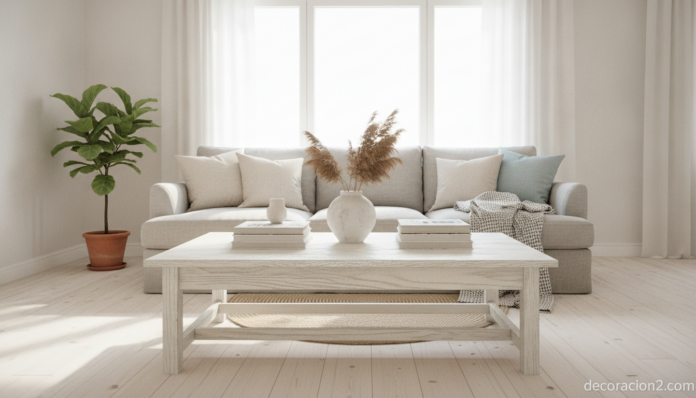 Mesa de café restaurada en blanco y metalizado en un salón nórdico
