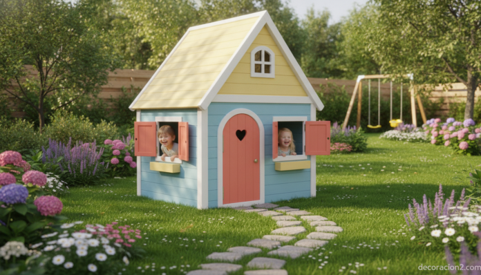 Casita de madera para niños en un jardín soleado