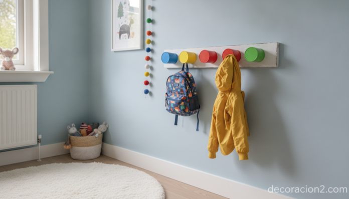 A cheerful children's bedroom wall with a handmade DIY coat rack: a white painted wooden board with colorful plastic cups ... Perchero infantil DIY con vasos de colores en la pared de una habitación de niños