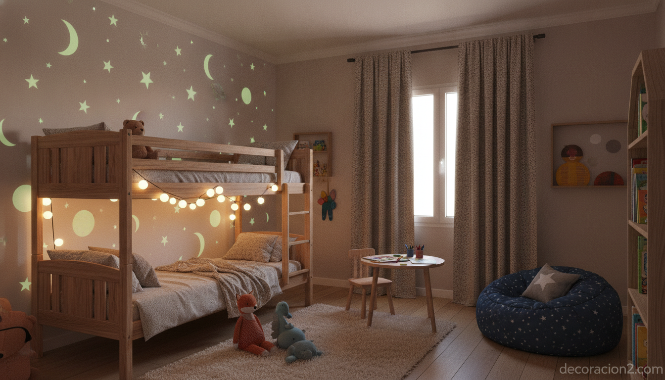 Habitación infantil decorada con papel luminescente de estrellas y planetas