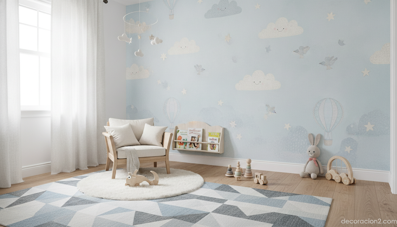 Pared infantil con mural de papel pintado XL en azul pastel para habitación de bebé