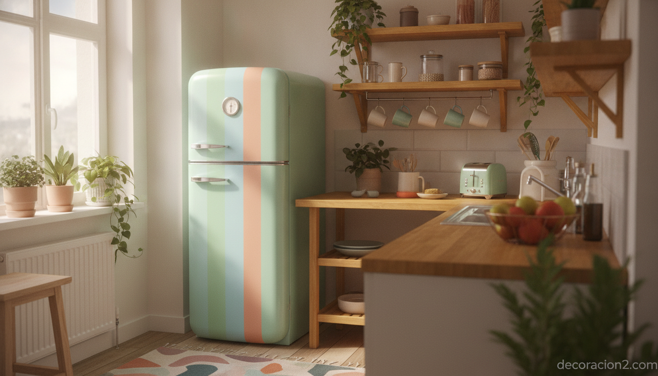 Frigorífico multipuerta: el diseño de Electrolux que reinventa la nevera para pisos compartidos 2 Frigorífico de diseño retro de colores en una cocina pequeña de piso compartido