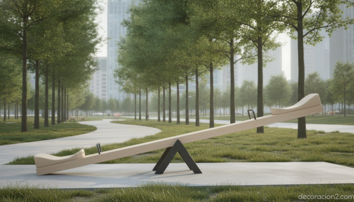 Banco balancín de diseño en un parque urbano como mobiliario social