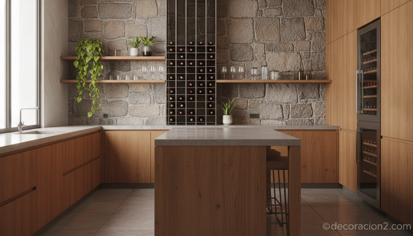 Botellero de acero integrado en muebles de madera con pared de piedra