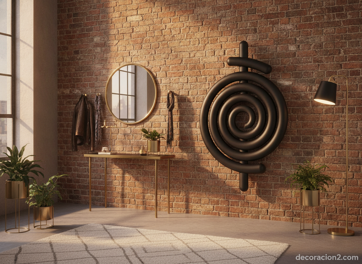 Radiadores de diseño: la espiral Runtal que convierte la calefacción en escultura 6 Radiador de diseño en negro mate en un recibidor de estilo industrial