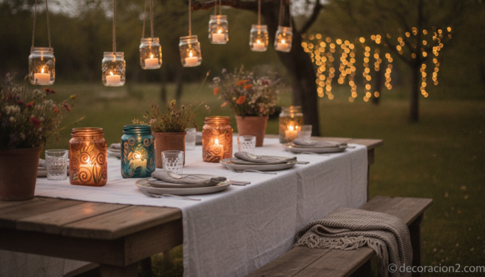Tarros de cristal pintados con velas iluminando una mesa de jardín al atardecer