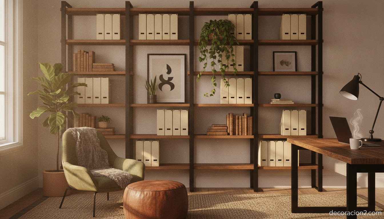 Estantería modular: la solución de almacenaje que se adapta a cualquier espacio 2 Estantería modular en tonos oscuros en un despacho de estilo industrial