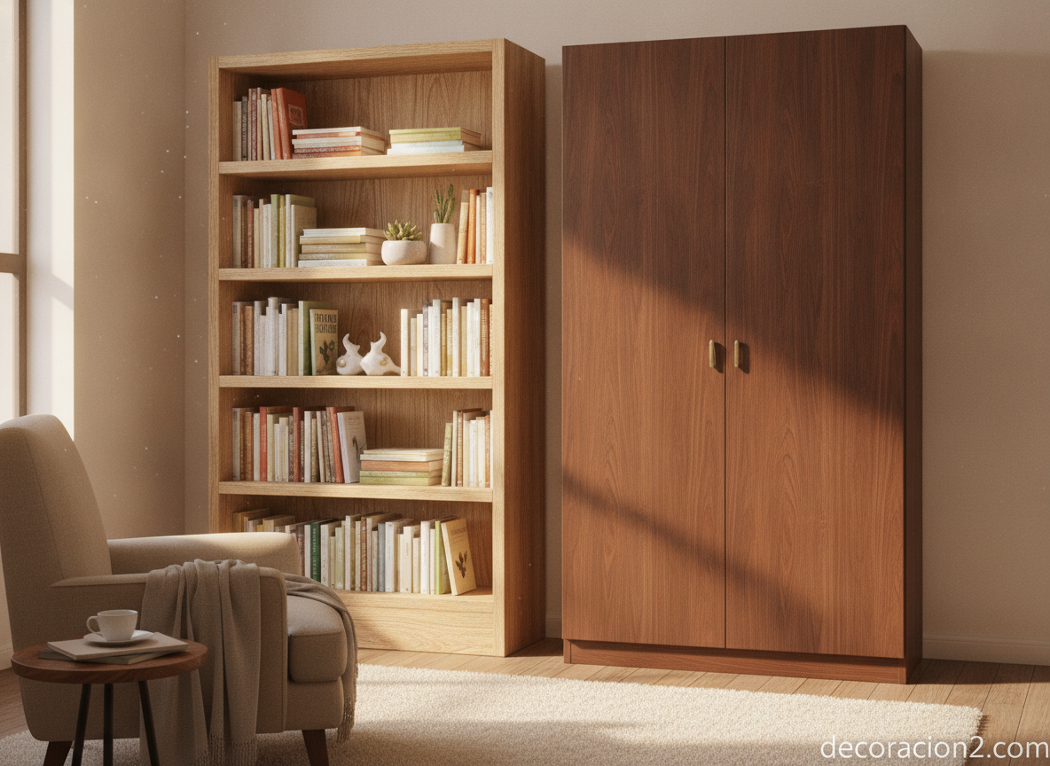 Estantería Piegato: el diseño modular que decide si va abierta o cerrada 6 Comparativa entre estantería abierta con libros y armario cerrado con puertas