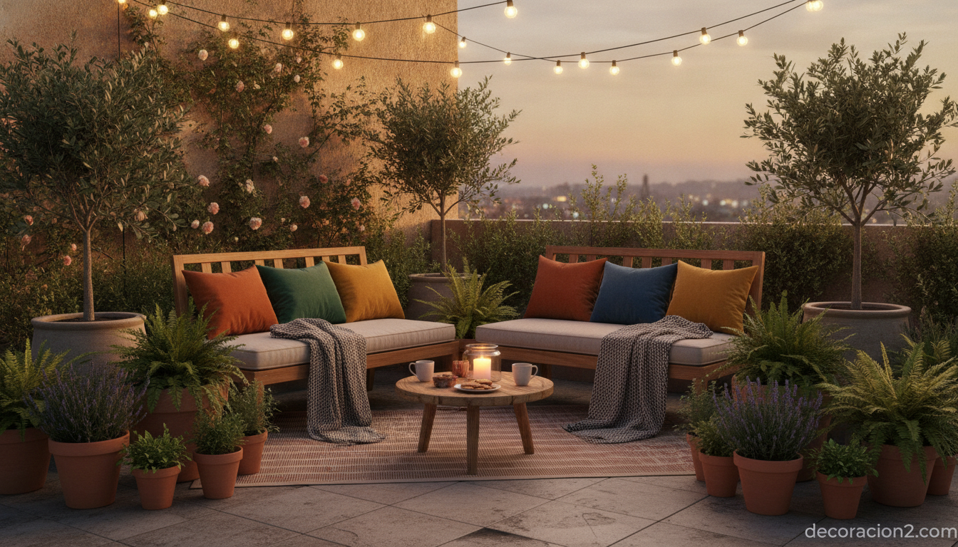 Rincón de terraza con dos bancos de diseño enfrentados para conversar