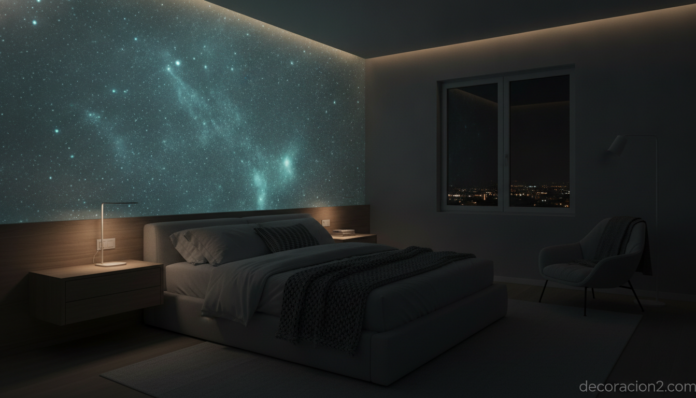 Dormitorio con papel luminescente para la pared que brilla en la oscuridad
