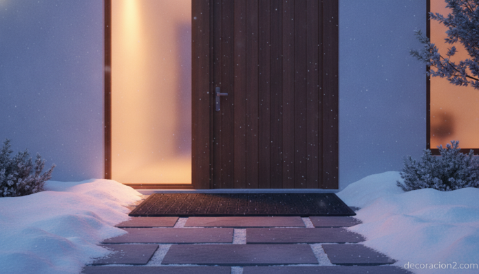 A cozy modern house entrance during a snowy winter day. A heated snow-melting doormat sits in front of the wooden front do... Alfombra quitanieve despejada en la entrada de una casa durante una nevada