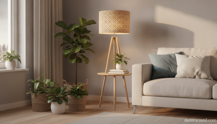 A cozy modern living room corner at golden hour with a renovated lamp featuring a black geometric stencil pattern on a war... Lámpara renovada con pantalla decorada en un salón de estilo nórdico