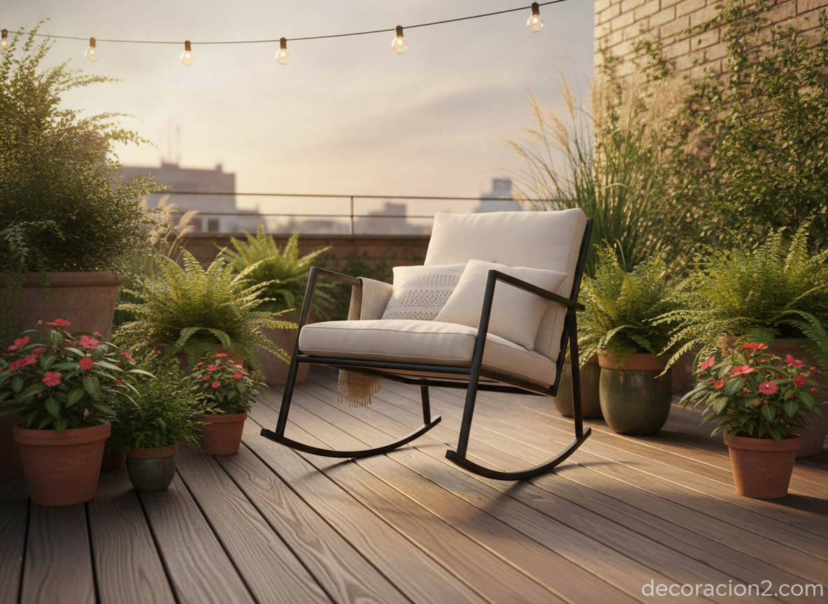 Mecedoras de diseño Purity: la propuesta modernista de Scott Wilson 4 Mecedora de diseño de acero en una terraza exterior