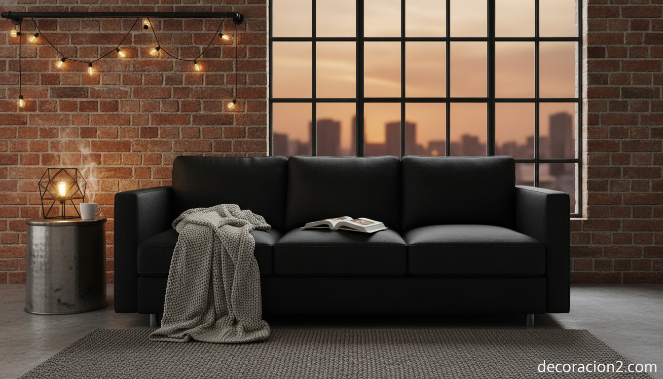 Sofá Trix negro configurado como sillón en un rincón de lectura de estilo urbano
