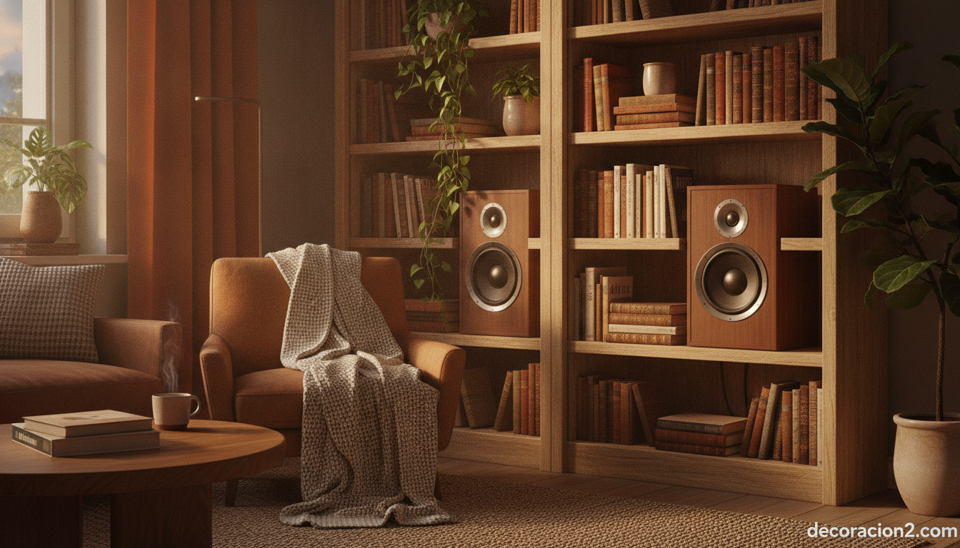 Altavoces de diseño de madera integrados en una estantería con libros y plantas