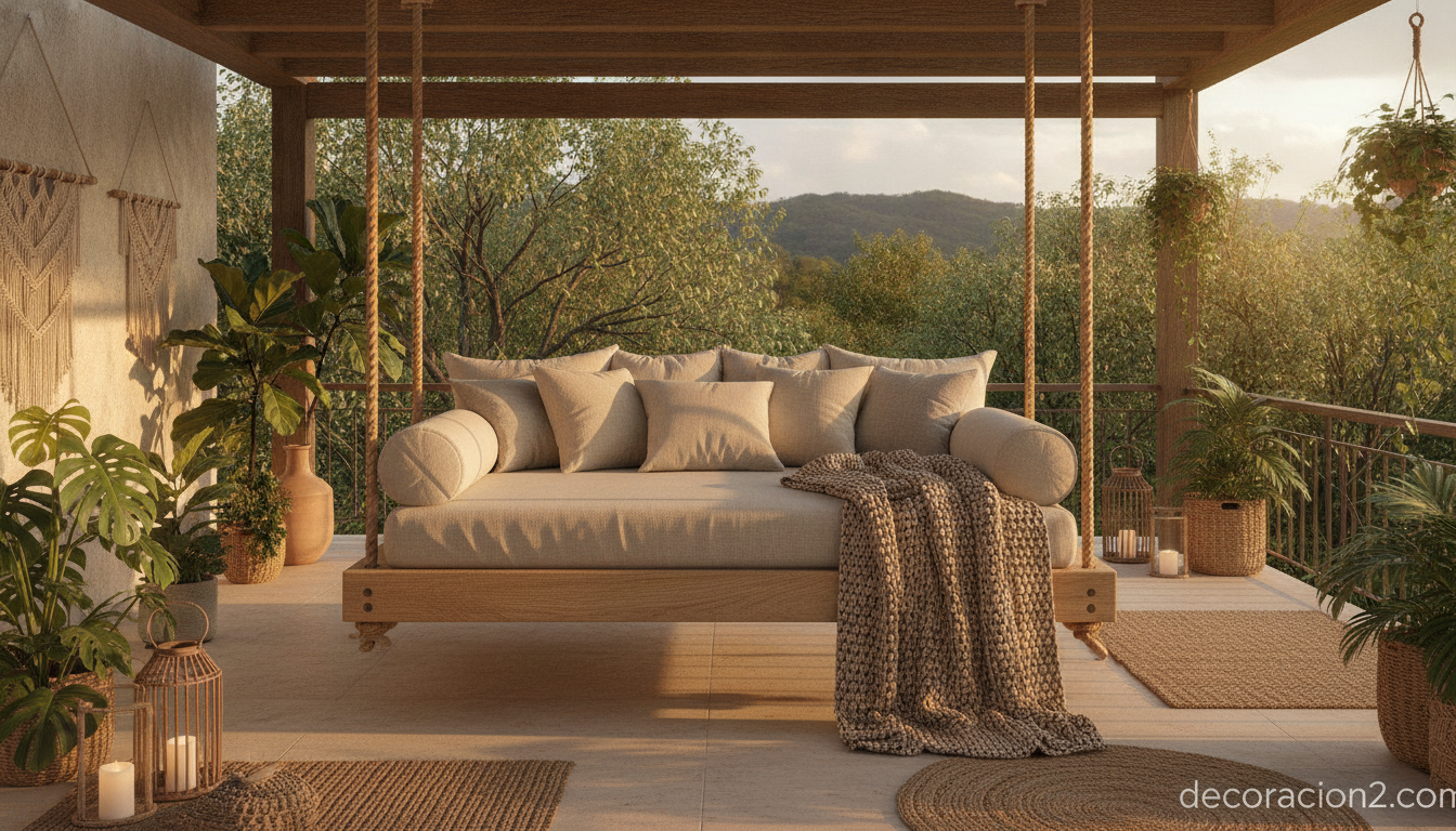 Cama columpio de madera suspendida en una terraza acogedora