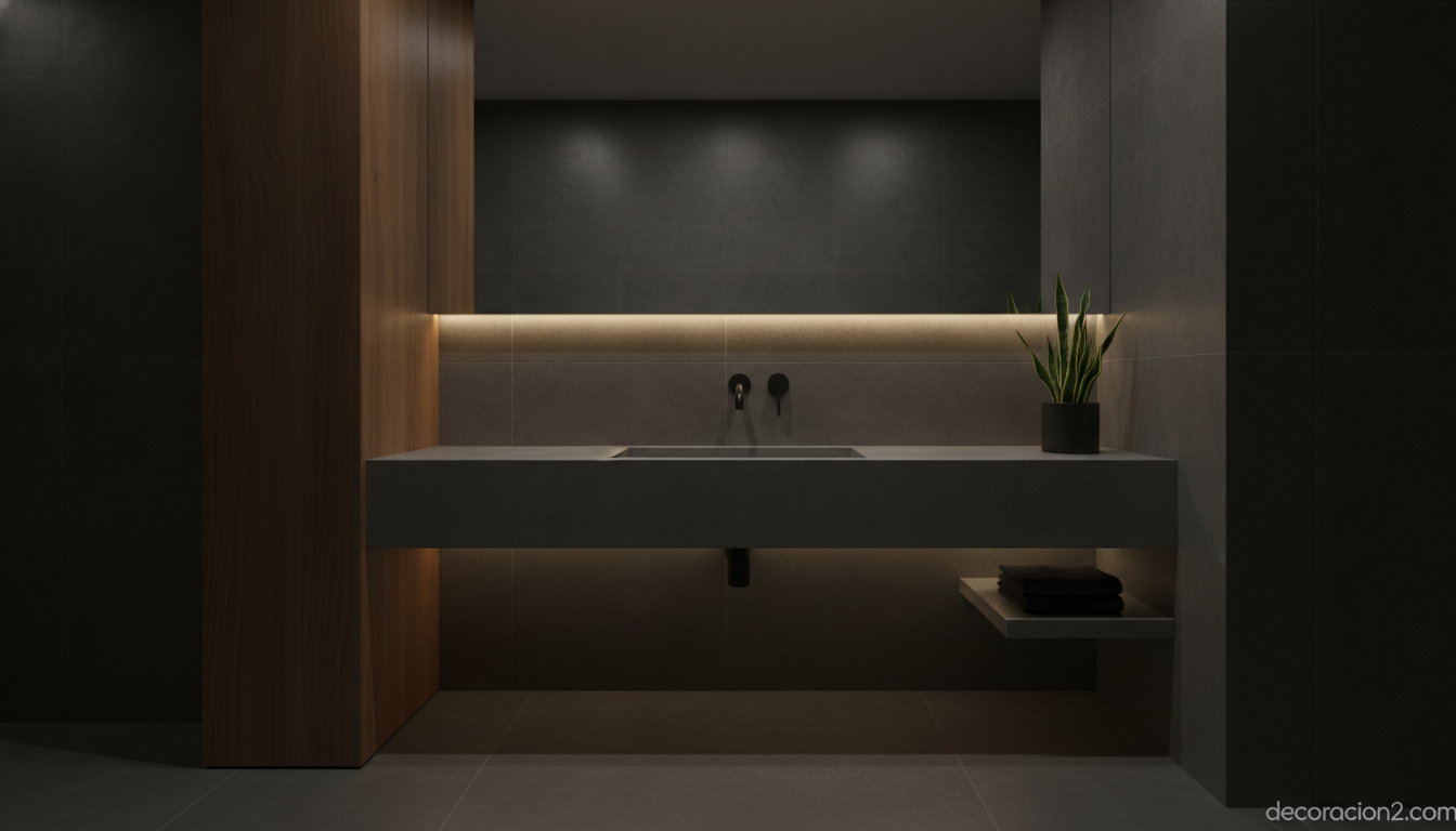 Lavabo minimalista: cuando el lavabo casi desaparece en el baño 6 Baño de estilo hotel con lavabo minimalista en cemento antracita y detalles de madera