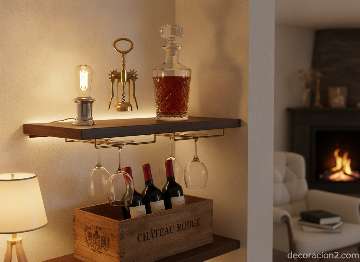 Sacacorchos elegante: guía para elegir un abridor de diseño para tu cocina 10 Rincón de bar decorativo con accesorios de vino y sacacorchos dorado