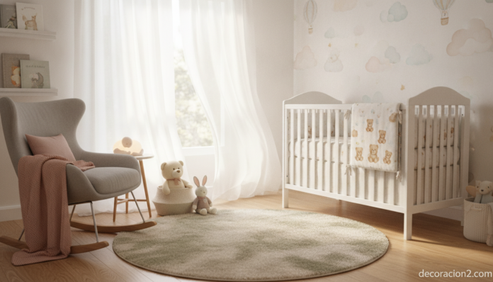 Habitación de bebé decorada con textiles suaves de la colección Lullaby