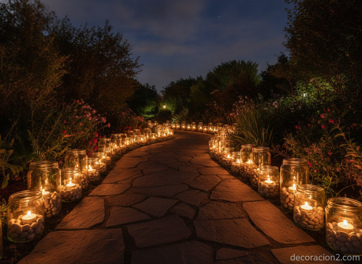 Camino de jardín iluminado con tarros de cristal rellenos de piedras y velas