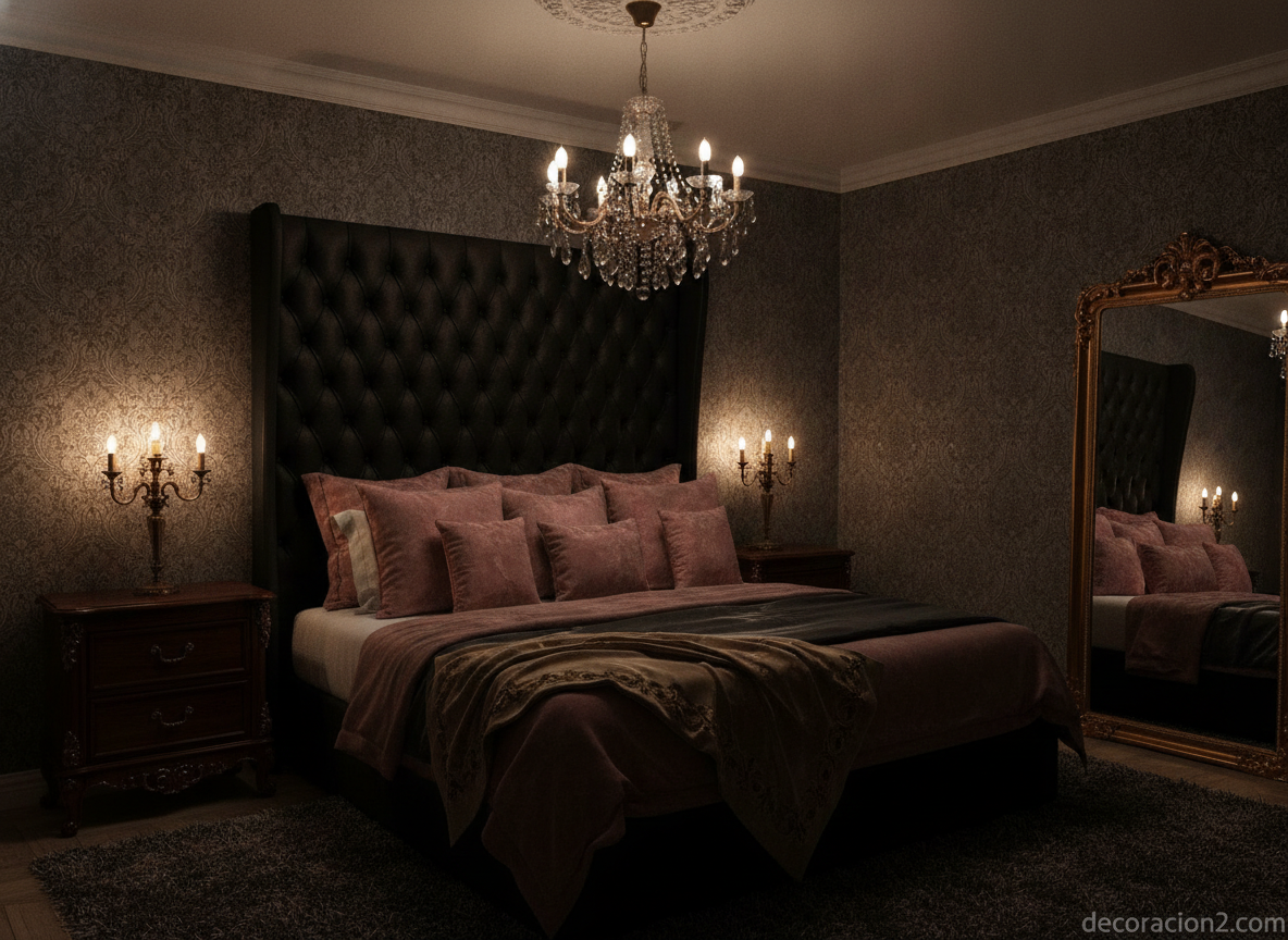 Estilo barroco en decoración: cómo mezclar lo clásico y lo moderno 2 Dormitorio de estilo barroco con cabecero capitoné negro y lámpara de araña